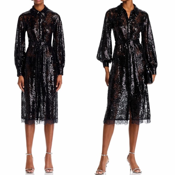 L’AGENCE Women's Frida Embellished Sequined Lace Button-Front Midi Shirtdress - Picture 3 of 16